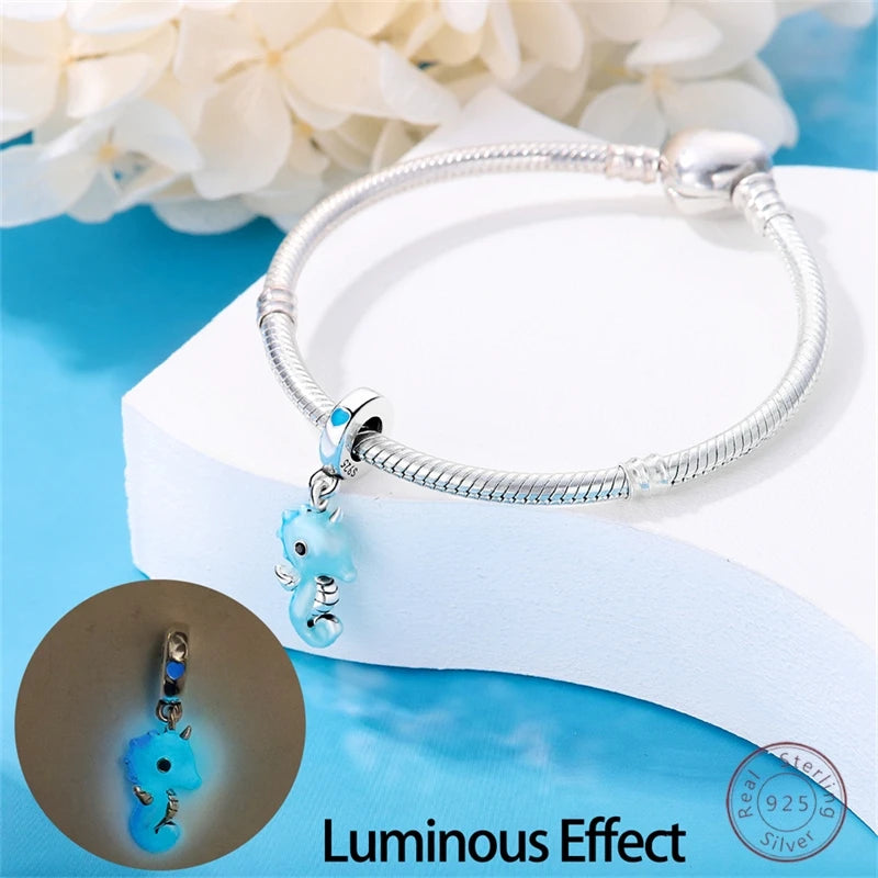 925 Sterling Silver Blue Zircon Ocean Shell Beaded Pendant | Fit Original 3mm Bracelet Women’s Fine Jewelry