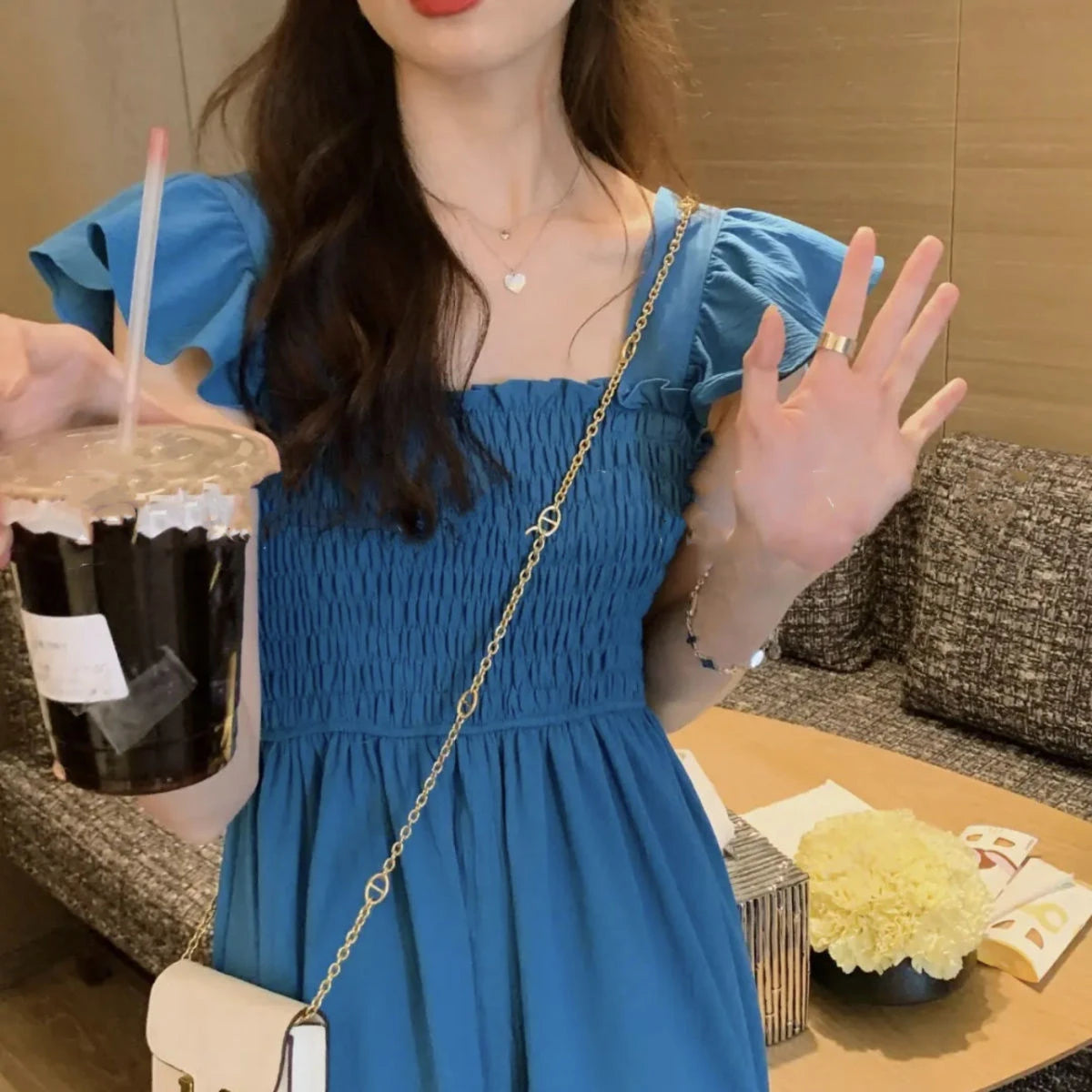 Summer 2025 Ele Hepburn Sle Tea Break Midi Dr Gathered Waist ort Sve Square Collar Pleated A-Line Dr