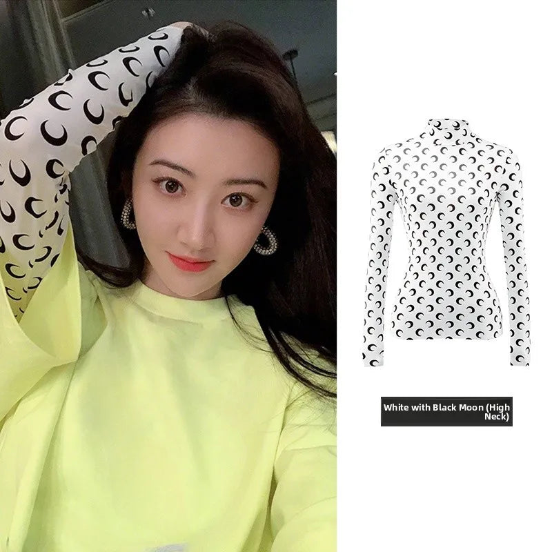 American Retro Women’s Two-Piece Set – Ice Silk Top & Pants with Moon Print Long Sleeve 🌙✨