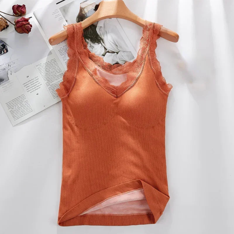Plus Size Thermal Underwear for Women – Velvet Lace V-Neck Warm Slim Camisole 40-90kg ❄️💖