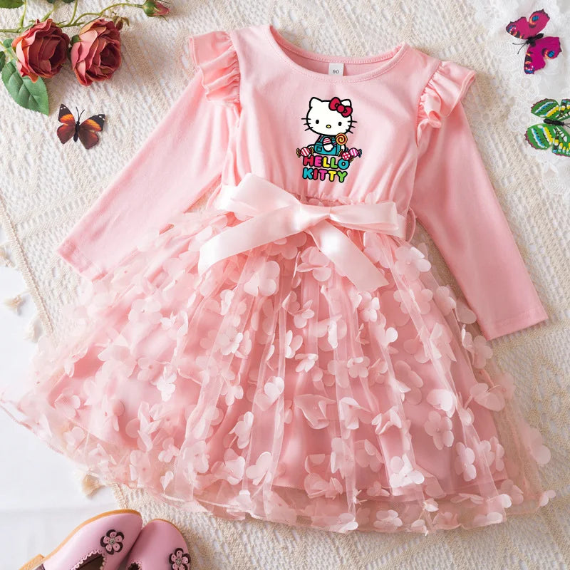 Hello Kitty Fall Girl Dress 3D Butterfly Casual Dresses Kids Birthday Princess Dress Long Sleeve Baby Girls Clothes 2-6Y
