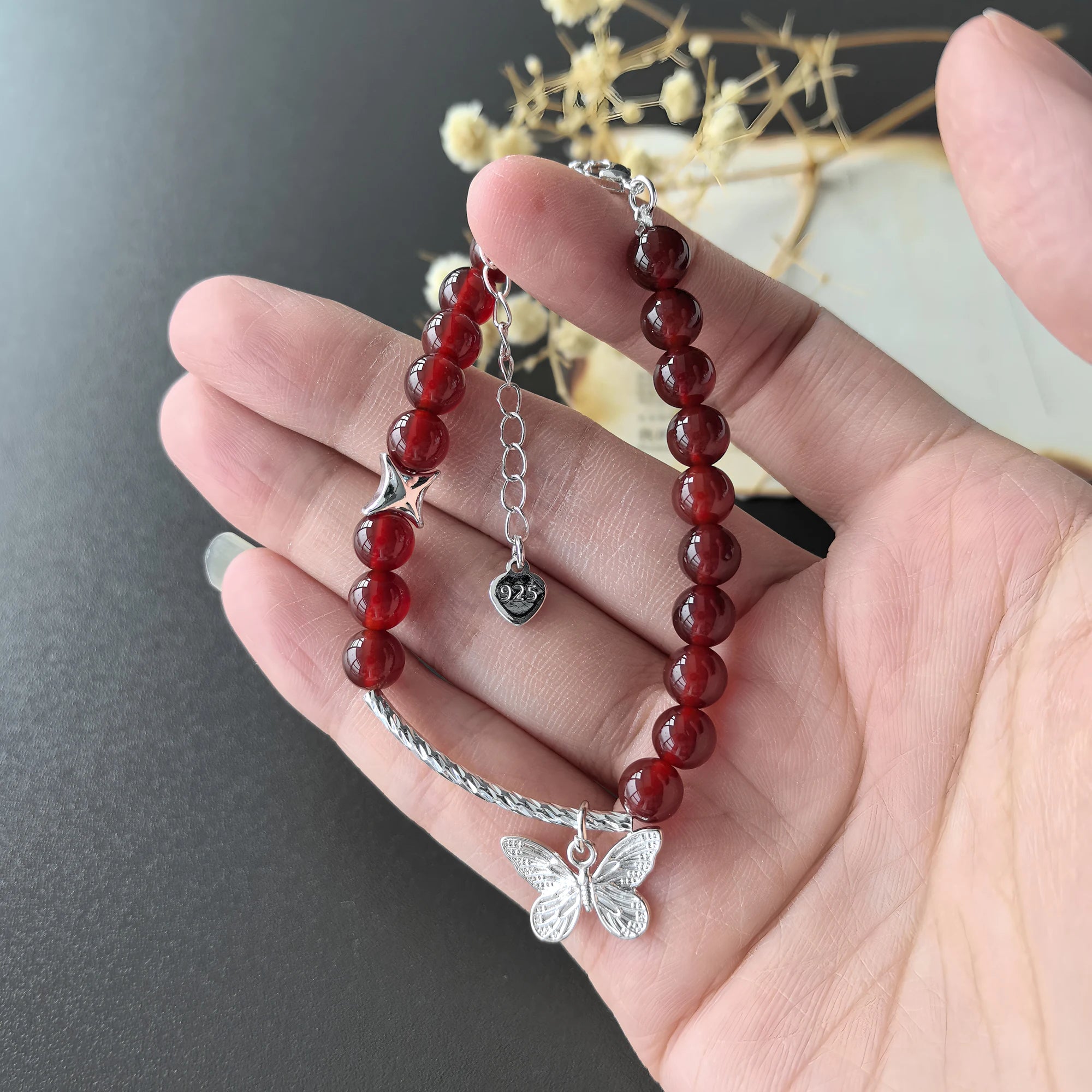 VENTFILLE 925 Sterling Silver Red Agate Bracelet | Flower Pendant Lucky Bead | Original Jewelry Gift for Women
