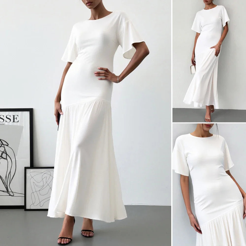 2025 Women's Evening Dress 👗 Must-Have White Maxi Gown 🌟 Short Sleeve Round Neck Lettuce Trim Elegant Party Dress ✨