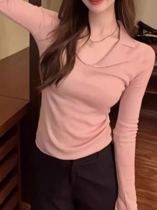 French Style Knitted Long Sleeve V-Neck Collar Sweater – Women’s Winter Base Layer Top | Stretchy Fit for Young Women