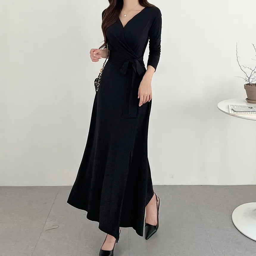 ✨ Slimming V-Neck Cross Wrap Long Dress 👗 Women's Base Layer Dress 🌸 Belted Waist Split Long Sleeve Colorful Commute Wear