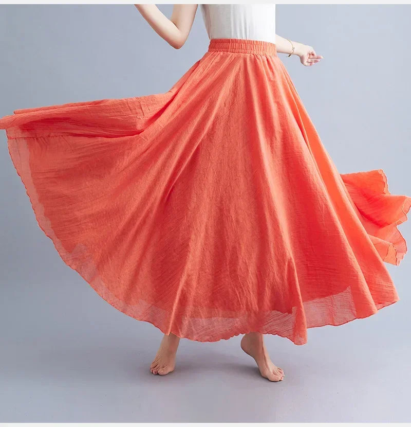 Fashion Solid Cotton Linen Women Maxi Skirt – Elegant Harajuku Casual Loose Long Skirt 👗✨