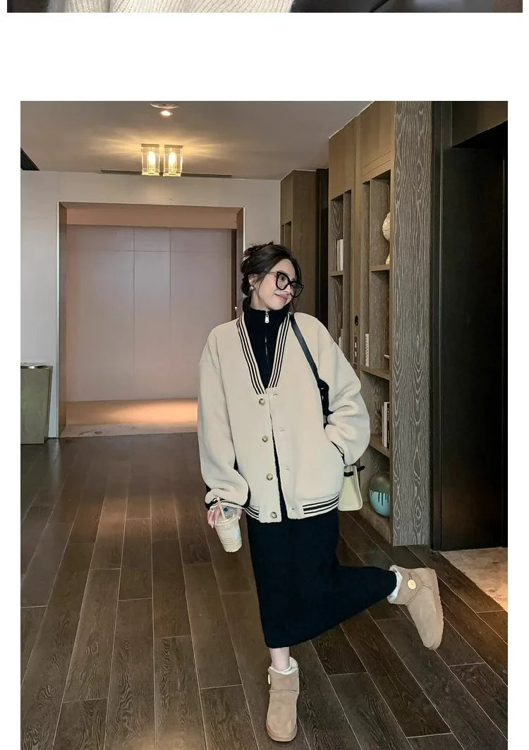 2025 Spring Autumn Knitted Midi Dress for Women | Long Sleeve Loose Fit Base Layer Straight Cut Polyester Dress