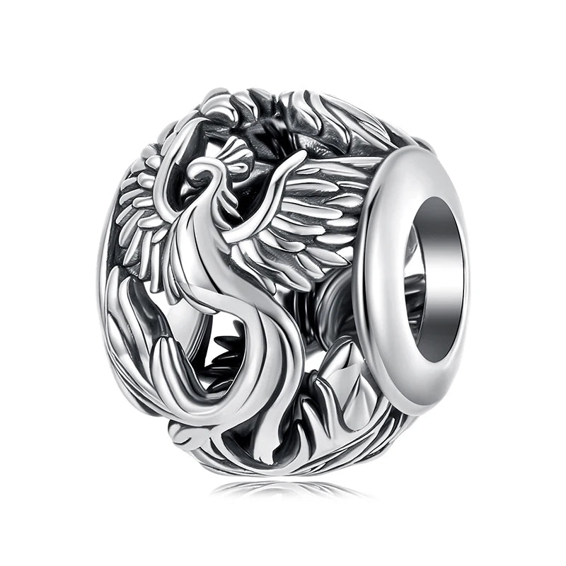 BAMOER 925 Sterling Silver Phoenix & Dragon Charm | Retro Hollow Round Bead | Fits Original Bracelet DIY Jewelry Accessories