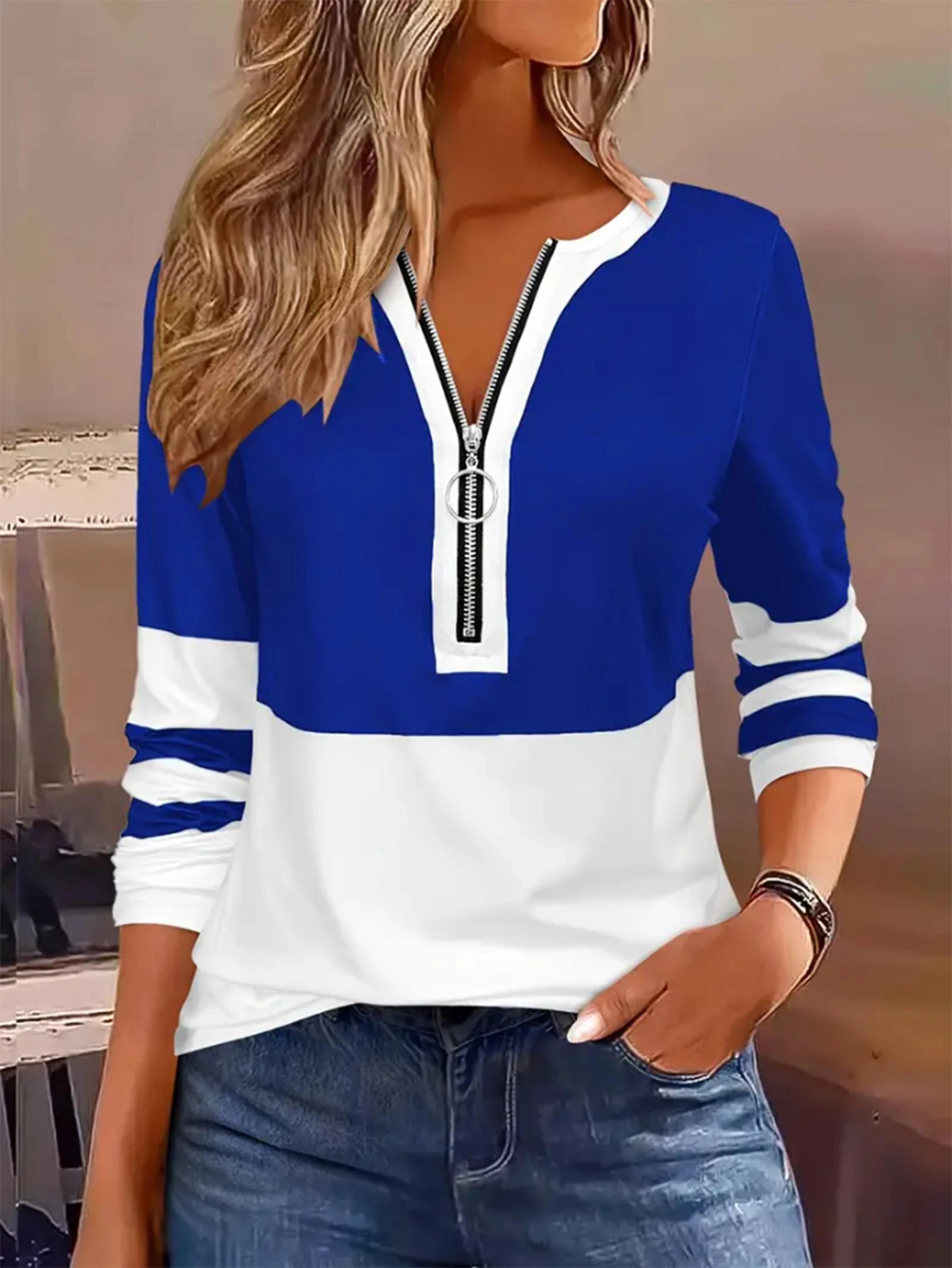 Plus Size Long Sleeve T-Shirt – Geometric Stripes & Color Block Ring Zipper Fall Fashion 🍂👚