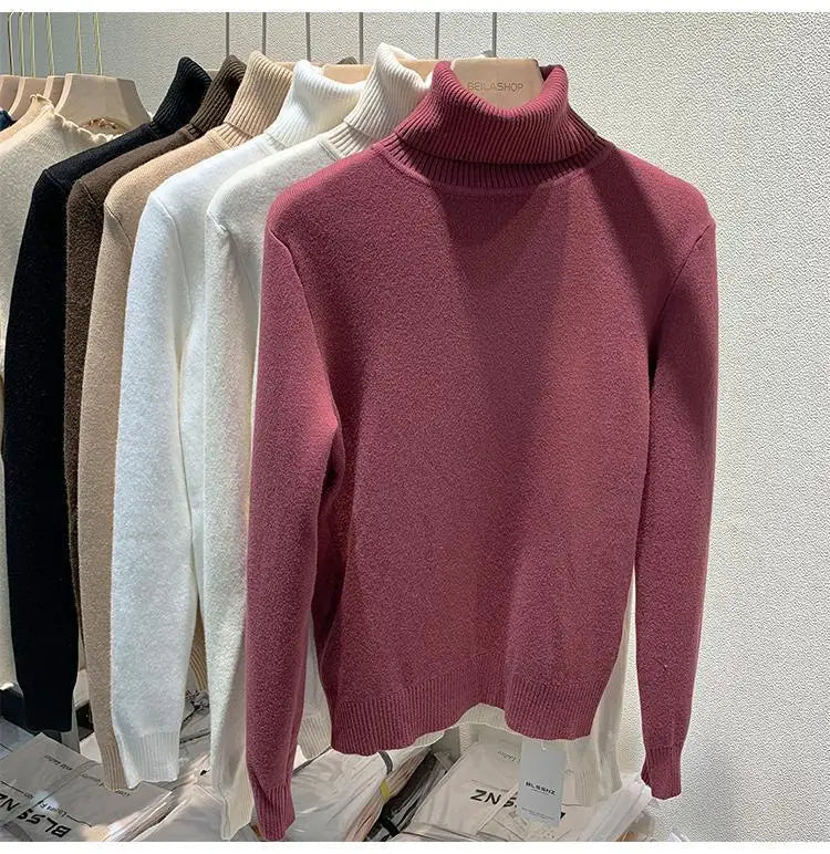 2025 Women’s High Collar Pullover Sweater – Thick Warm Soft Winter Top | Solid Color Bottoming Shirt
