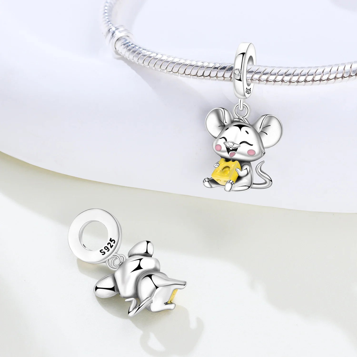 PANPOKI 925 Sterling Silver Cute Mouse Eating Cheese Charm Pendant | Original Bracelet DIY Jewelry Gift for Women