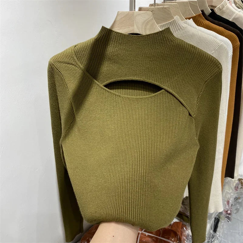 Women's Slim Knit Sweater | Autumn Winter Pullover Top | Long Sleeve Elastic Knitted Shirt for Women