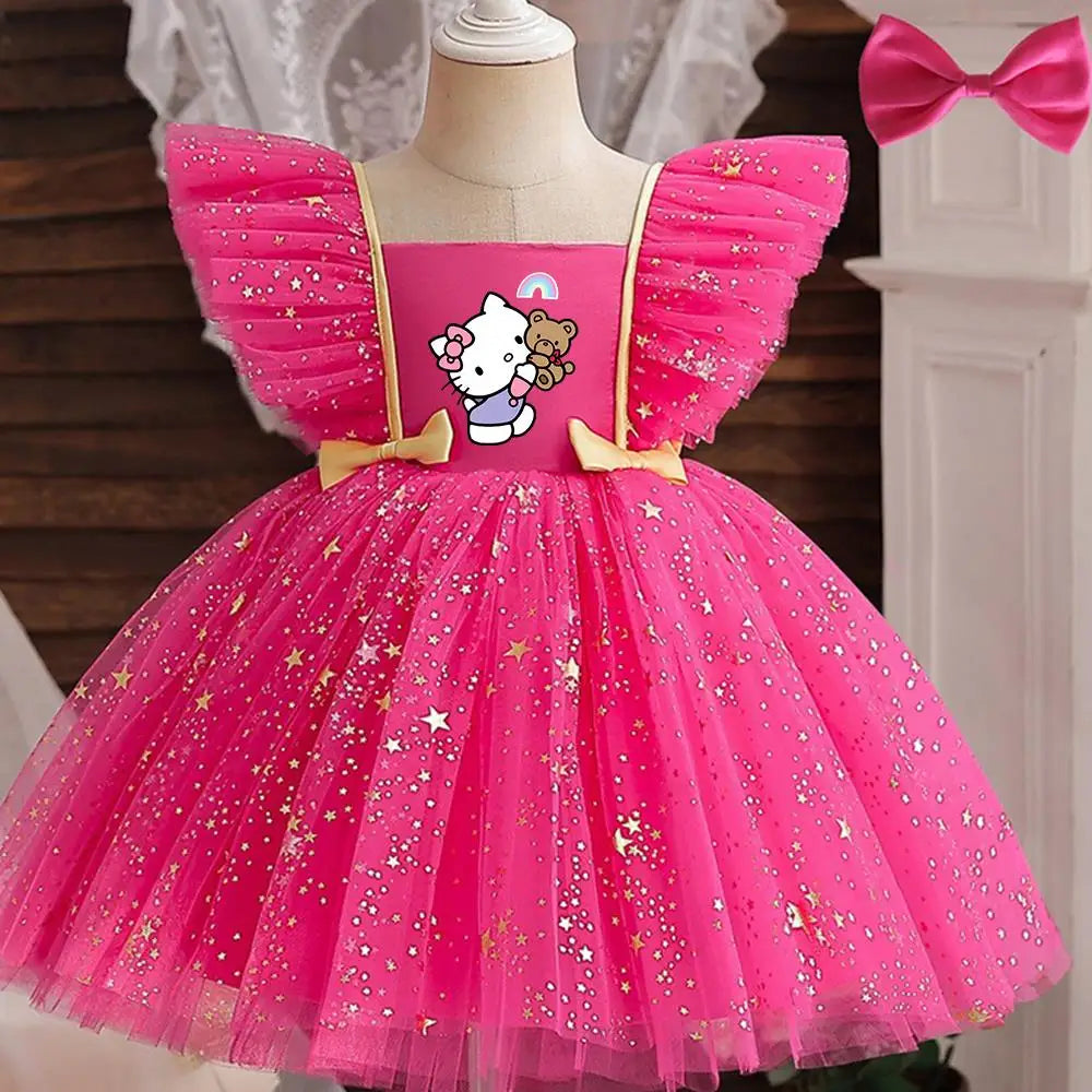 Hello Kitty Girl Party Dress Christmas Birthday School Holiday High Waist Tulle Dress Bow Wedding Gown Kids Wear Princess Dress