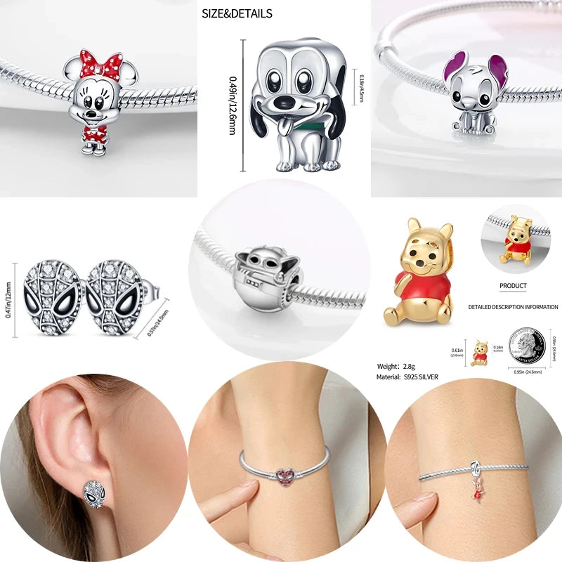 HEROCROSS Disney 925 Sterling Silver Charms | Mickey Mouse, Winnie the Pooh & Stitch Beads Fit Pandora Bracelet