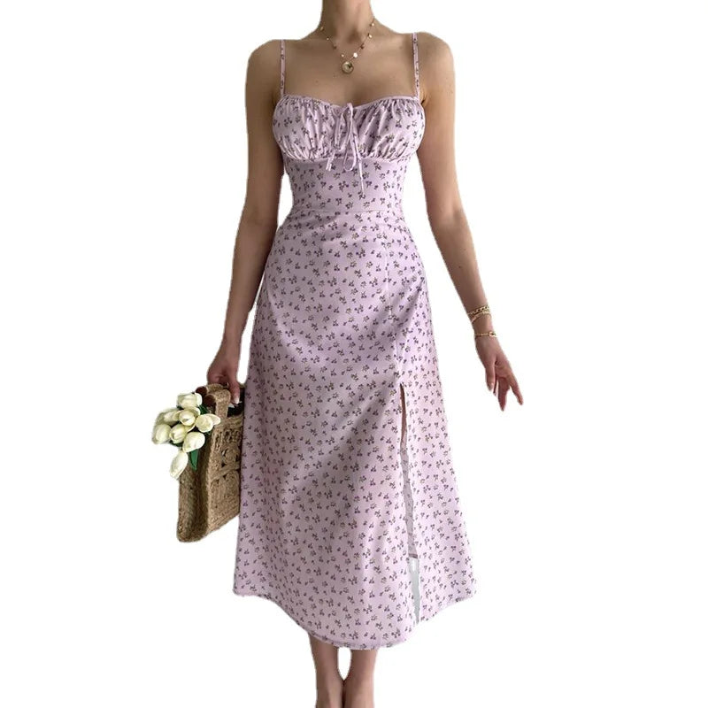Women’s Bandage Pleated Floral Dress – Summer Elegant Party Sleeveless Backless Spaghetti Strap Aesthetic Dress