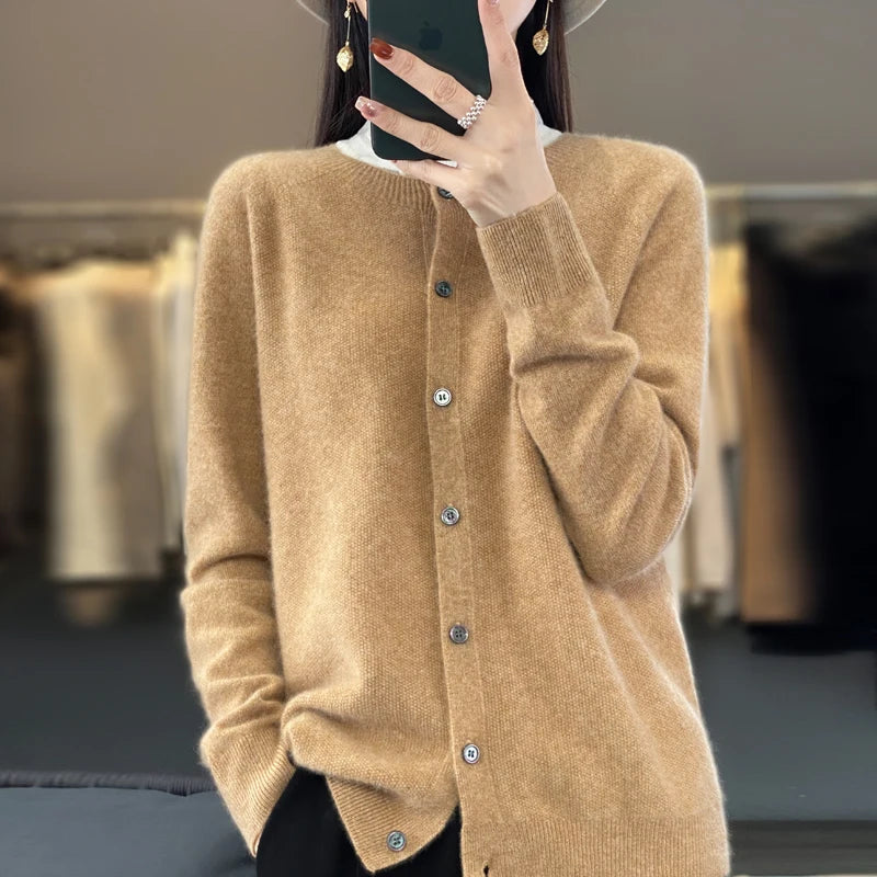 Women’s 100% Pure Wool Loose Cardigan – Autumn Winter Round Neck Solid Color Top 🍂🧶