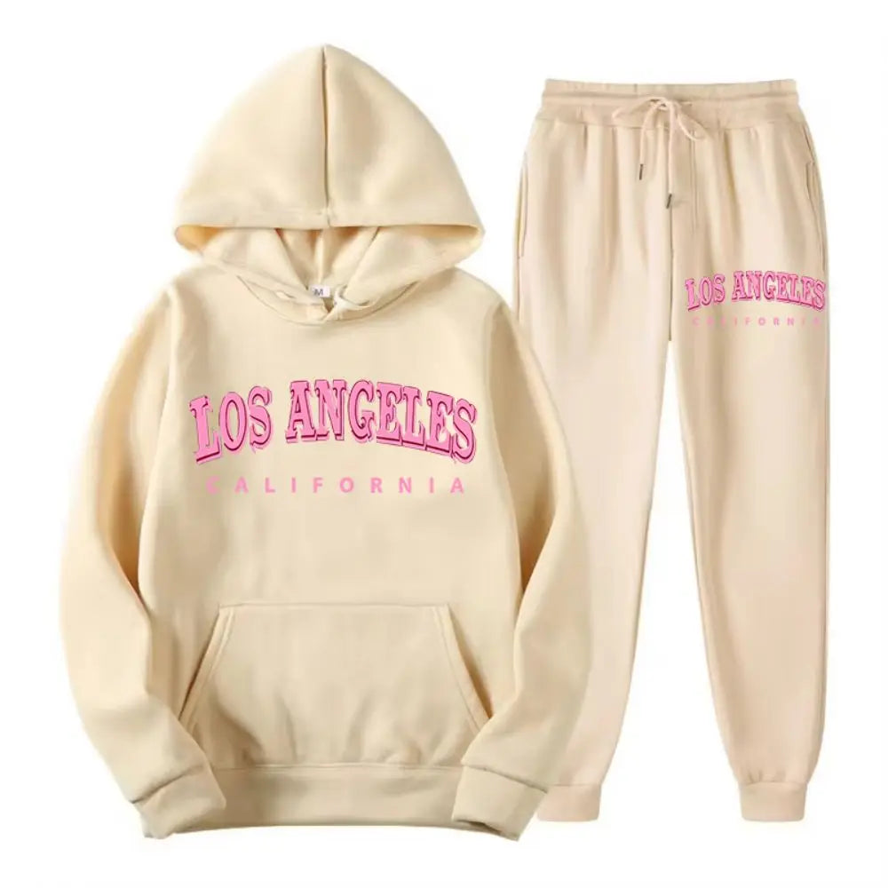 Women’s Two-Piece Street Hoodie & Pants Set – Los Angeles California Print Fleece Sportswear 🏙️✨