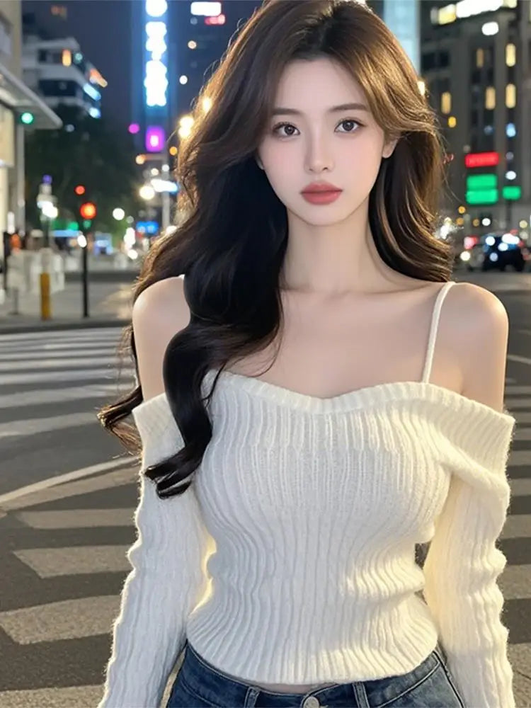 Sexy One-Shoulder Knitted Sweater for Women | Slim Fit Korean Style Long Sleeve Top | Spring 2025 Fashion Pullover