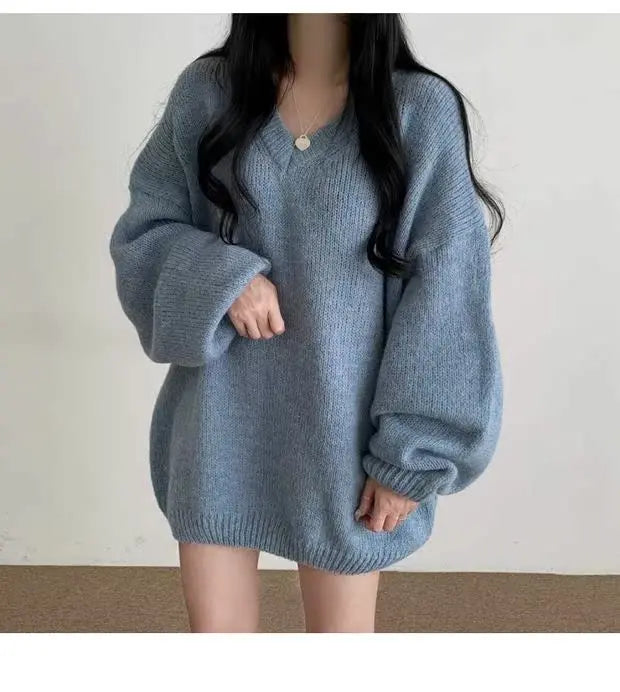Soft Cozy Knitwear Women’s Loose Sleeve Sweater – Autumn Winter New Fashion V-Neck Long Sleeve Korean Commute Outerwear