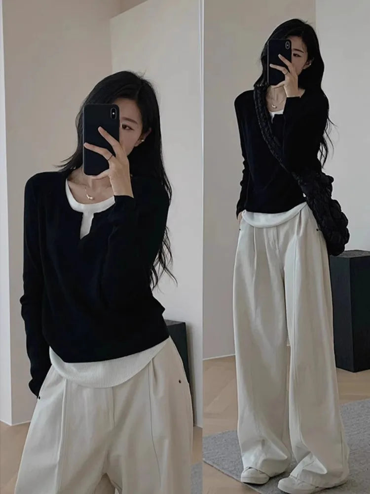 Slim Fit Geometric Knitted Long Sleeve T-Shirt – Korean Style Base Layer for Pear-Shaped Body | Autumn Wear