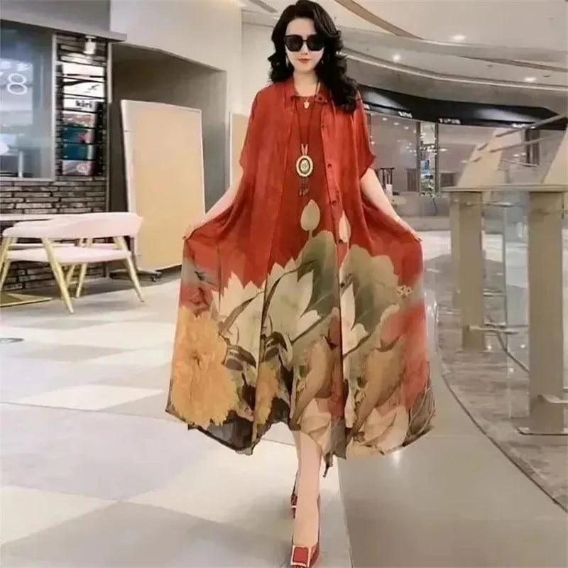Middle-Aged Women’s Summer Dress Suit – Casual Two-Piece Printed Long Dress Set | Elegant Temperament Outfit