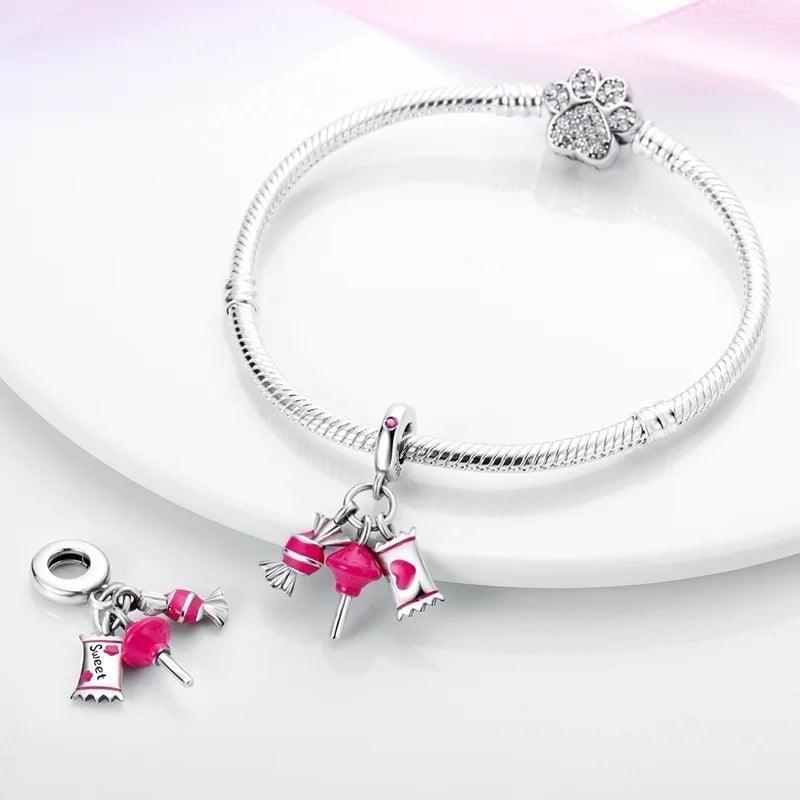 925 Sterling Silver Romantic Princess Charm Beads – Pink Dress, Lipstick & Dancing Shoes Fit 3MM Bracelet