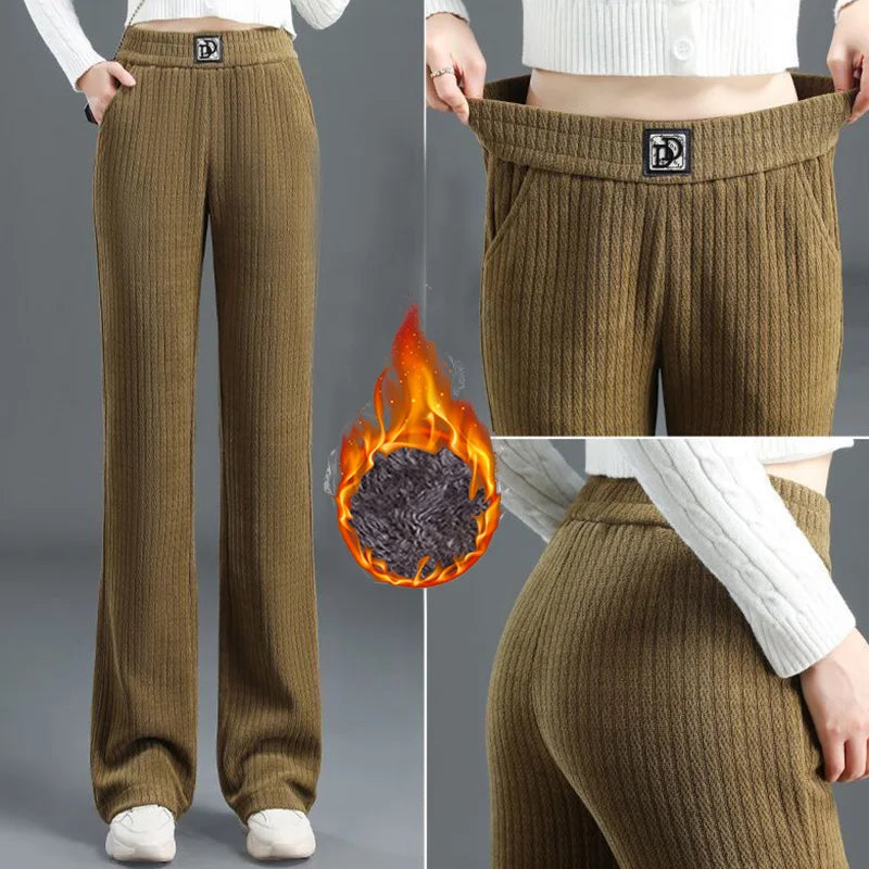 Winter Women High Waist Thermal Plush Pants – Straight Leg Fleece Trousers for Warm Casual Daily Wear