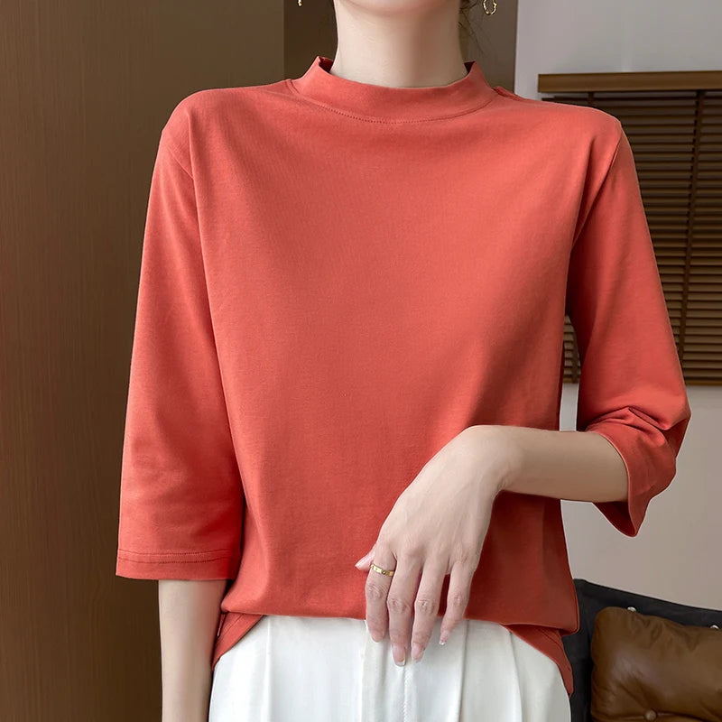 Women’s Cotton T-Shirt | Semi-High-Neck Cropped Sleeve Top | Loose Solid Color Summer & Autumn Bottoming Tee