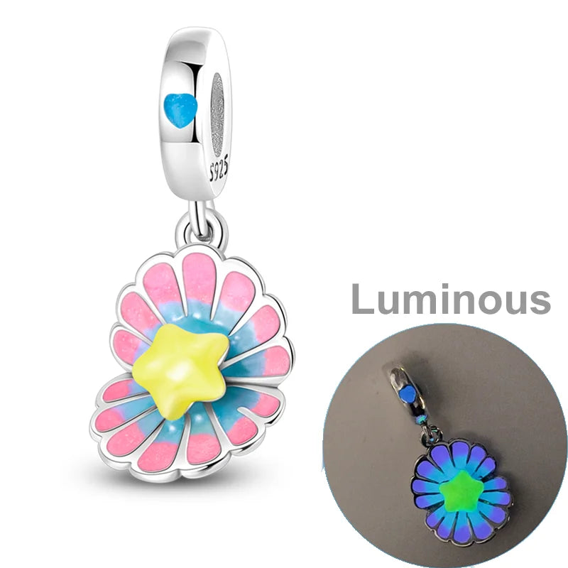 925 Sterling Silver Colorful Luminous Charms | Shell Turtle Star Beads