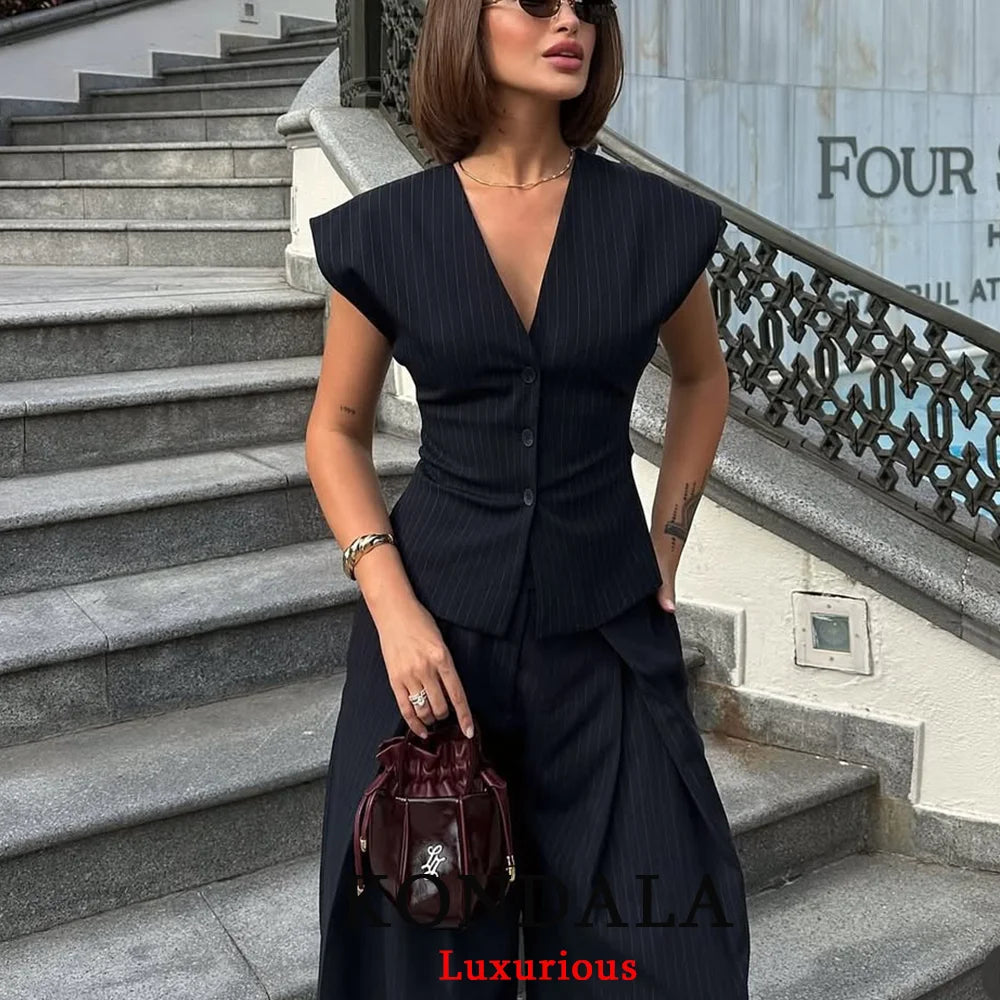 KONDALA Vintage Striped Print Women Suit – V-Neck Slim Vest + High Waist Wide-Leg Pants 2025 Autumn Office Set 🍂👩‍💼✨