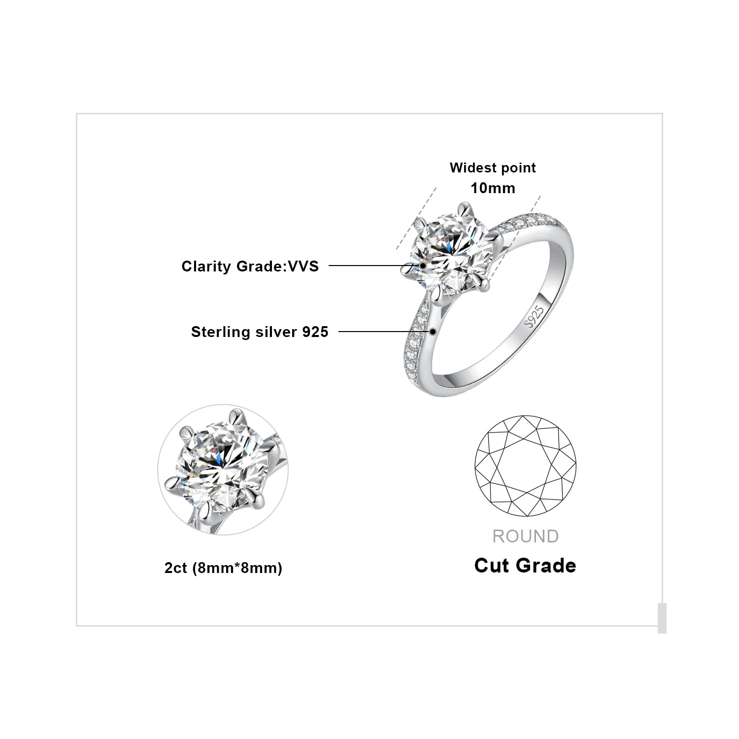 JewelryPalace Moissanite D Color Round Ring | 1–3ct S925 Sterling Silver Wedding & Engagement Ring