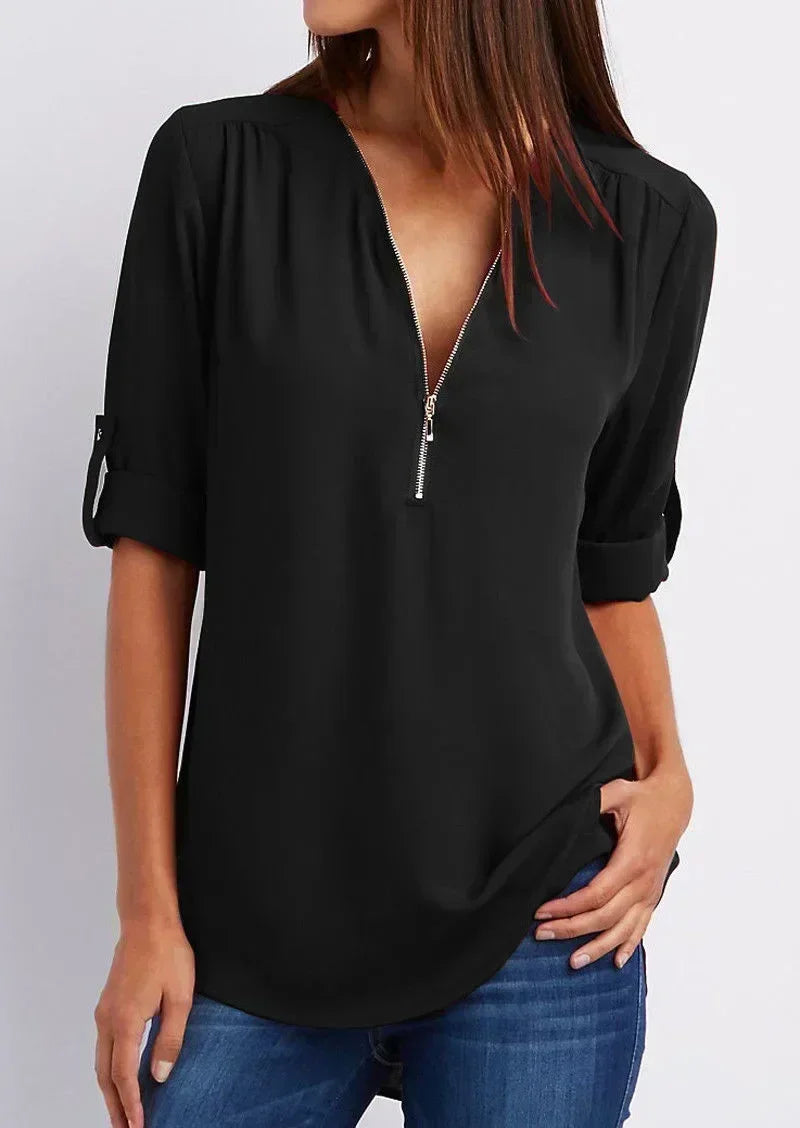 Summer Women’s Chiffon Blouse | Deep V-Neck Zipper Tops | Casual Loose Long Sleeve Plus Size Shirt