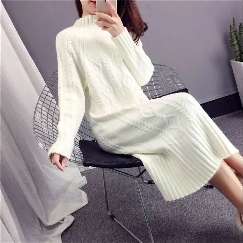 Khaki Thickened Half High Neck Sweater Dress for Women – Autumn Winter 2023 Korean Fashion Loose Thin Knit Long Dress