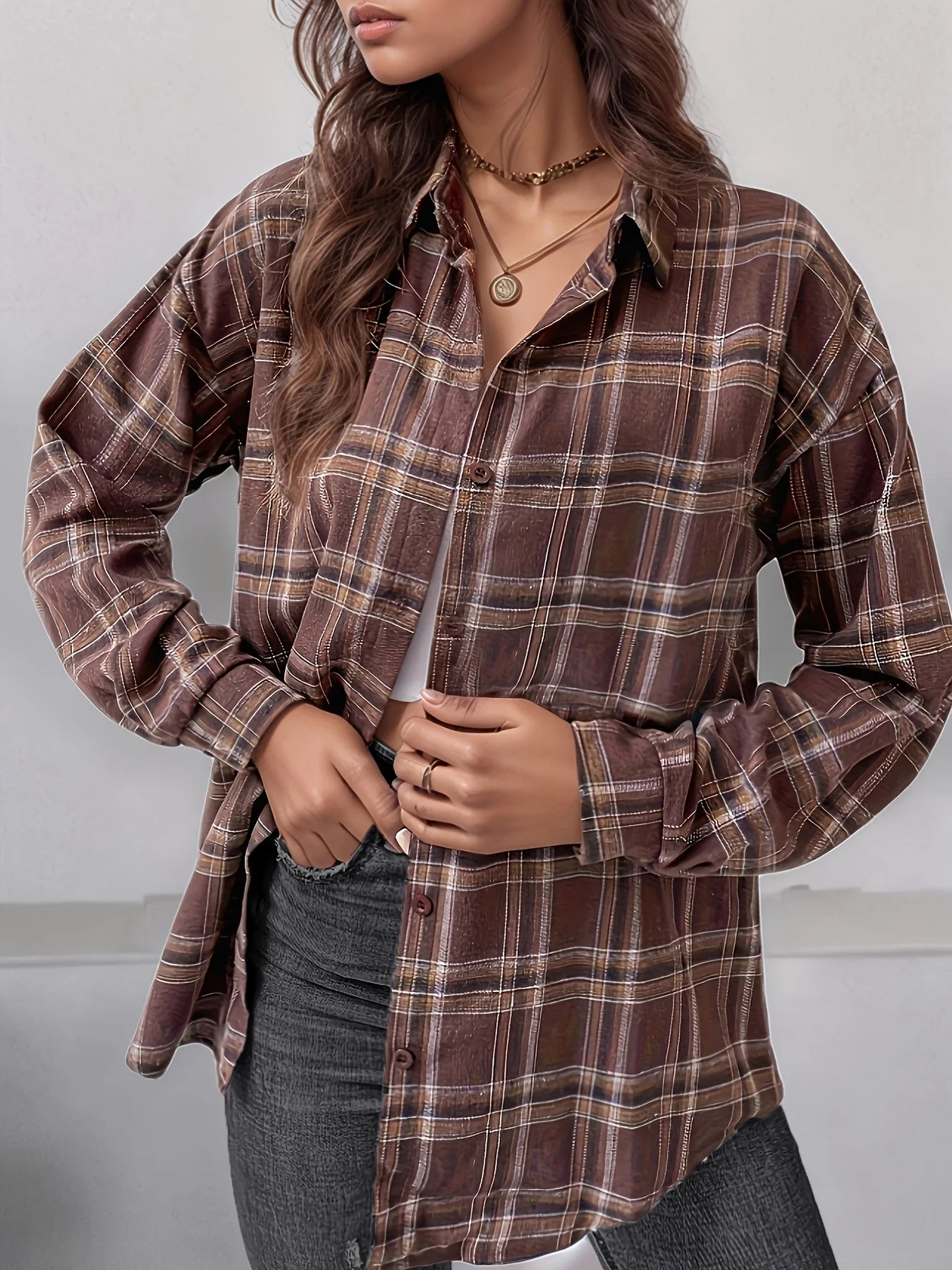 Elegant Casual Long Plaid Shirt – Shoulder Drape Button-Up Women’s Top 👚✨