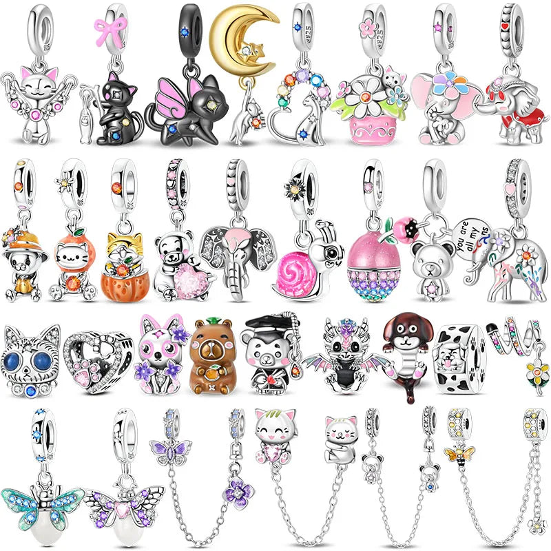 100% 925 Sterling Silver Teddy Bear, Kitten, Puppy & Elephant Luminous Firefly Charms | Sweet Beads Fit Pandora Bracelet Fine Jewelry