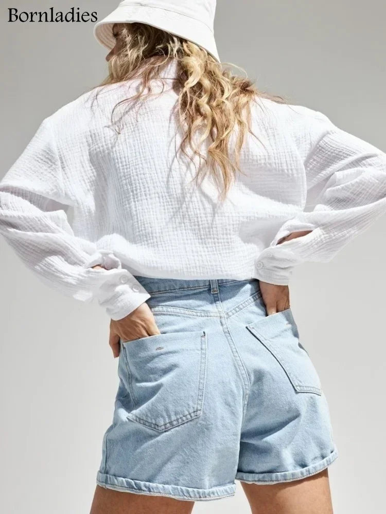 Bornladies 2025 Women’s Cotton Shirt – Solid Long Sleeve Loose Office Top 👚☀️