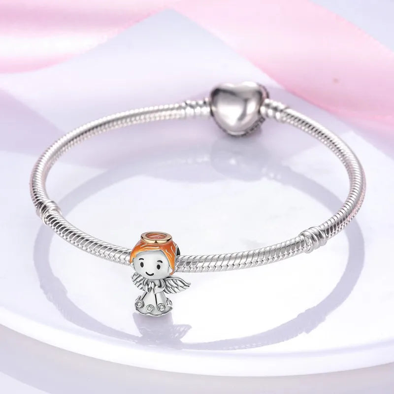 S925 Silver Angel Baby Charms | Heart Shape Wings Dangle Beads Fit Bracelet & Necklace