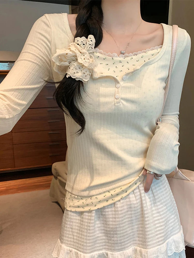 2025 Women’s Floral Patchwork Long Sleeve T-Shirt | False Two-Piece Lace Slimming Top | Korean Fashion