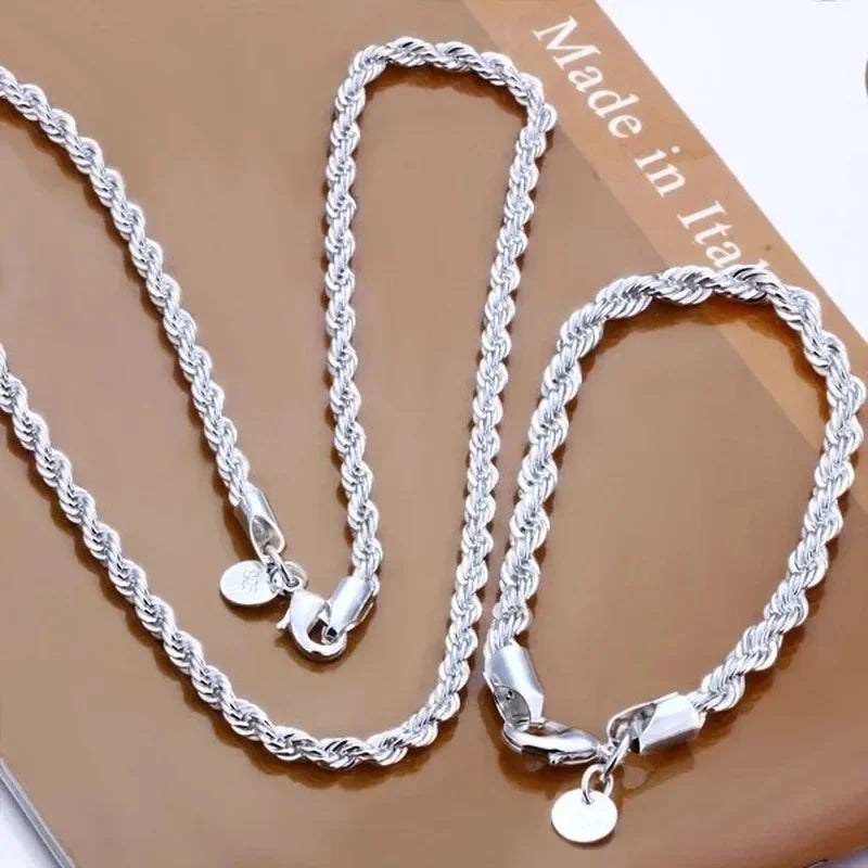 Charm 925 Sterling Silver 4MM Rope Chain Necklace & Bracelet Set – Men Women Fashion Wedding Jewelry Gift