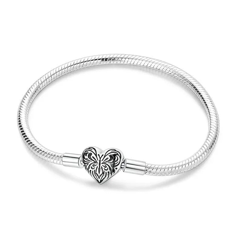 925 Sterling Silver Heart & Star Moon Bracelet | Pave Zirconia Snake Chain, Cat Claw Love Bangle for DIY Jewelry
