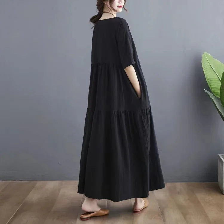 Cotton Linen Midi Dr Slimming A-Line Skirt High Waist Concealing Belly Summer New Sle Artistic Mid-aged And ly Wome...