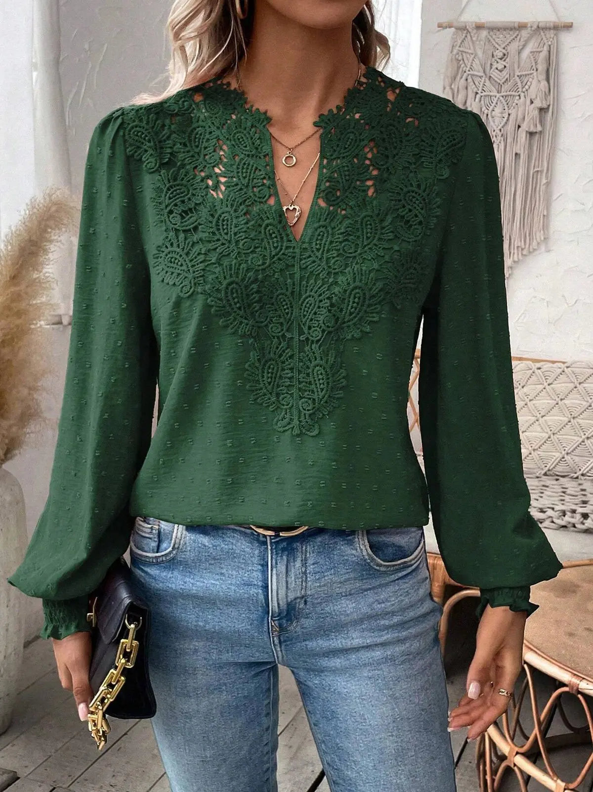 Women’s Long Sleeve Sweater – Fall 2024 Trendy Sexy Lace V-Neck Puff Sleeve Pullover Cute Tops 🍂✨