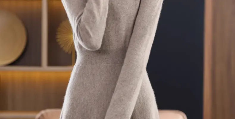 Women’s Mid-Length Knitted Wool Dress – High Collar Long Sleeve Casual Autumn Commute Dress for Ladies