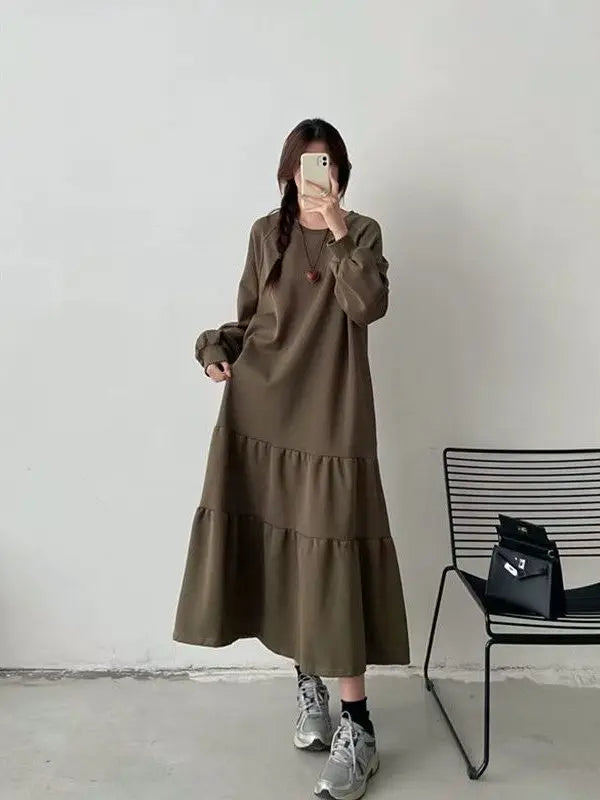 Plus Size Casual Long Sleeve Dress for Women | Loose Fit Patchwork Autumn Dress | Tummy Covering Comfortable Long Dress