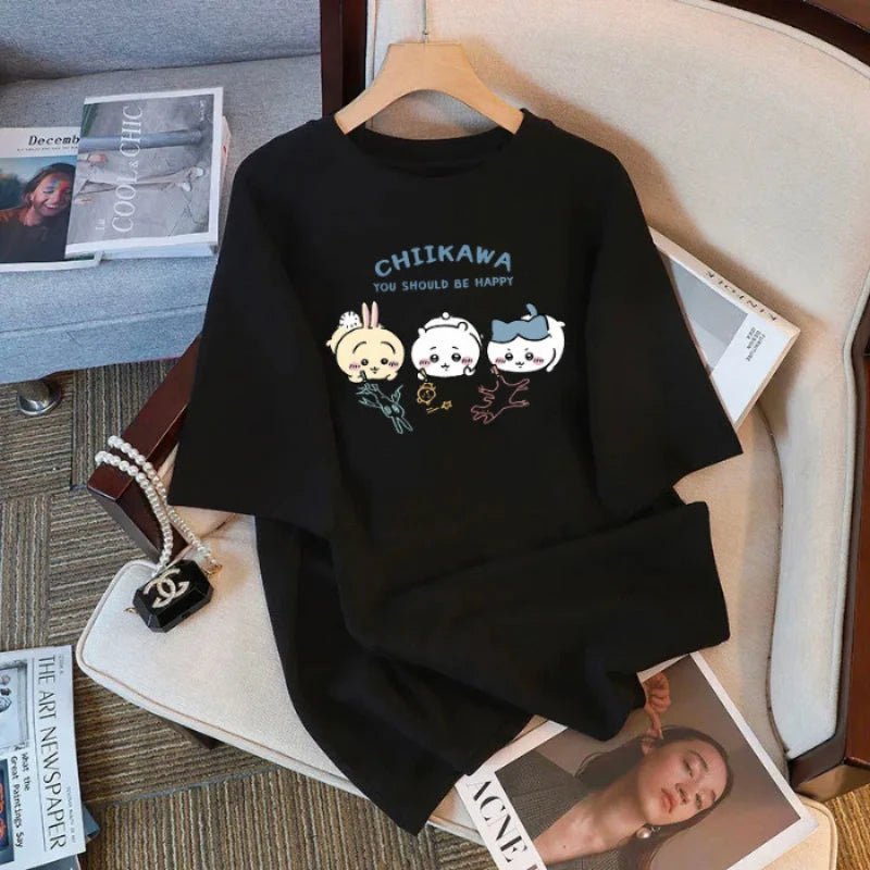 Chiikawa Cartoon Print Women's T-Shirt | 100% Cotton Loose Summer Top | Cute Round Neck Short Sleeve Tee