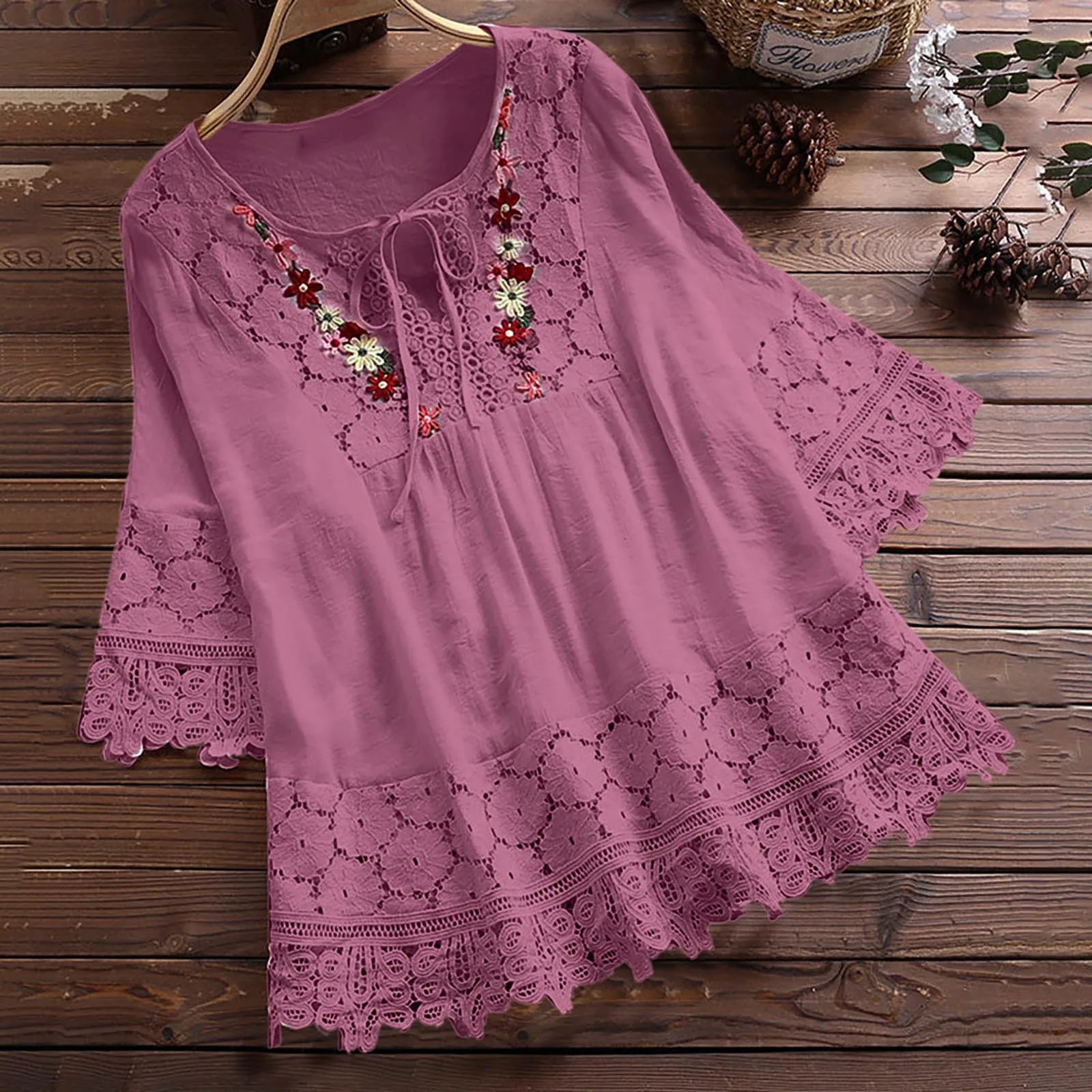 Summer Women Casual V-Neck Blouse – Cotton & Linen Lace Flower Loose Top 🌸☀️