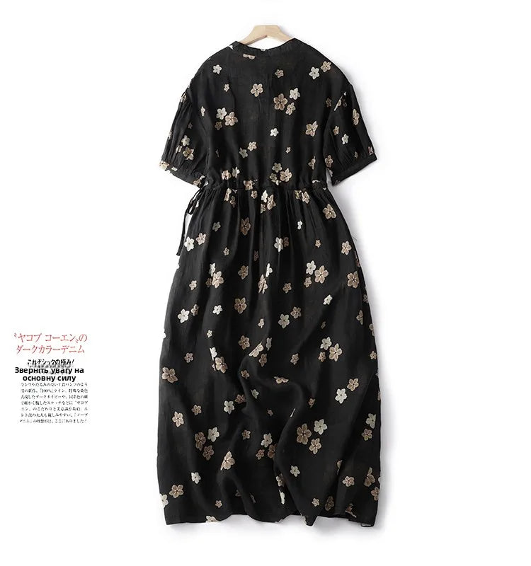 Elegant Hemp Floral Print Maxi Dress – Women's Summer Travel Gown, A-Line Midi Skirt, Chic Lightweight Long Dress