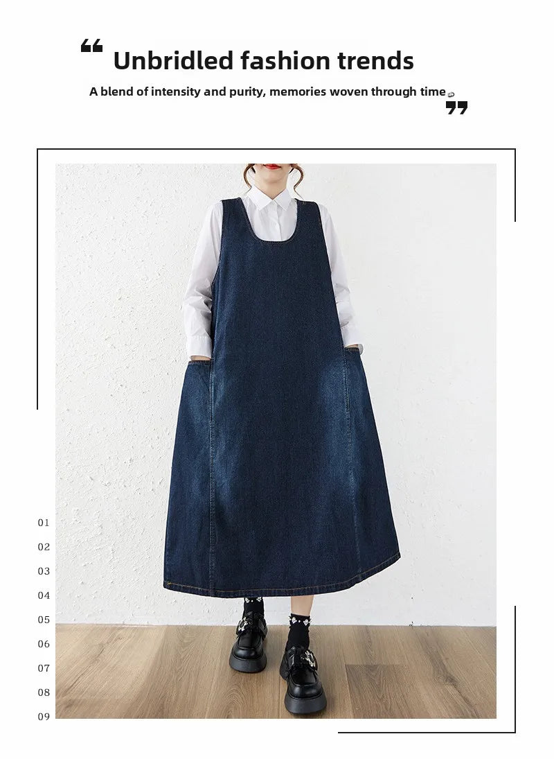 Loose Korean Style Plus Size Denim Vest Skirt – High Waist Over-Knee Slimming Cotton Jeans Corset Casual Dress for Women