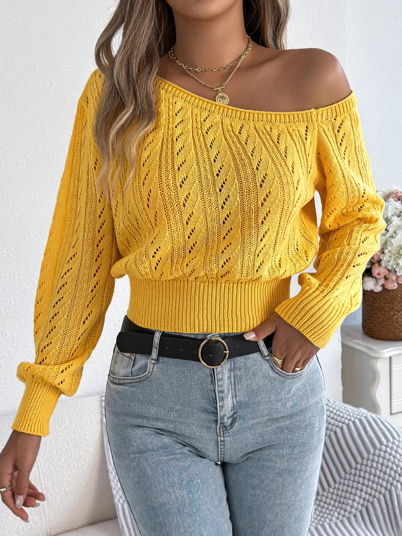 Women’s Autumn/Winter Slash Neck Off-Shoulder Knitted Pullover Sweater – Casual Elegant Long Sleeve Top