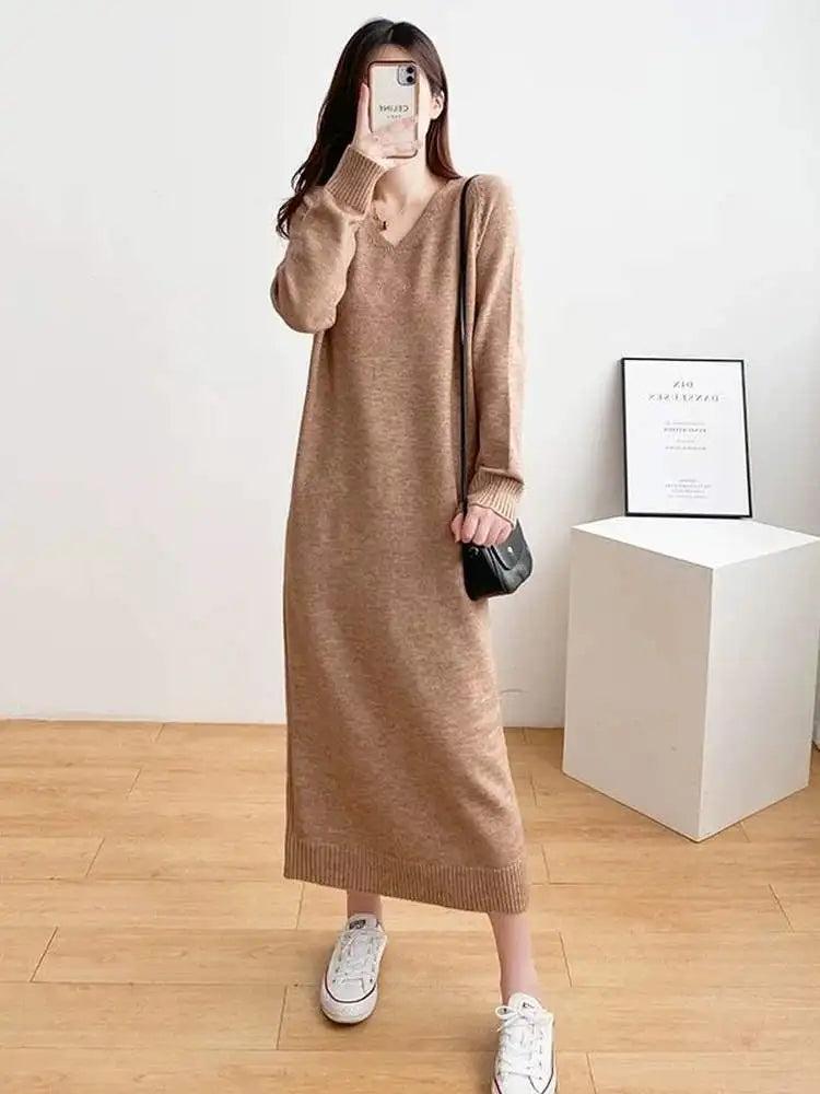 Ladies’ Knitted V-Neck Dress – Loose Fit Base Layer Skirt, Casual Straight Tube Korean Style Autumn Winter Dress
